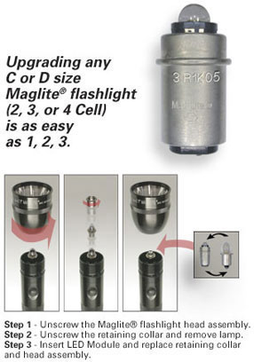MAGLITE LED Upgrade Module, 3 watt, C and D 2 Cell SH32DCW6 - All